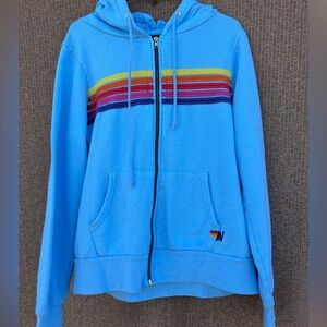 Aviator Nation 5 Stripe Hoodie Sweatshirt in Turquoise Blue Women’s Size L